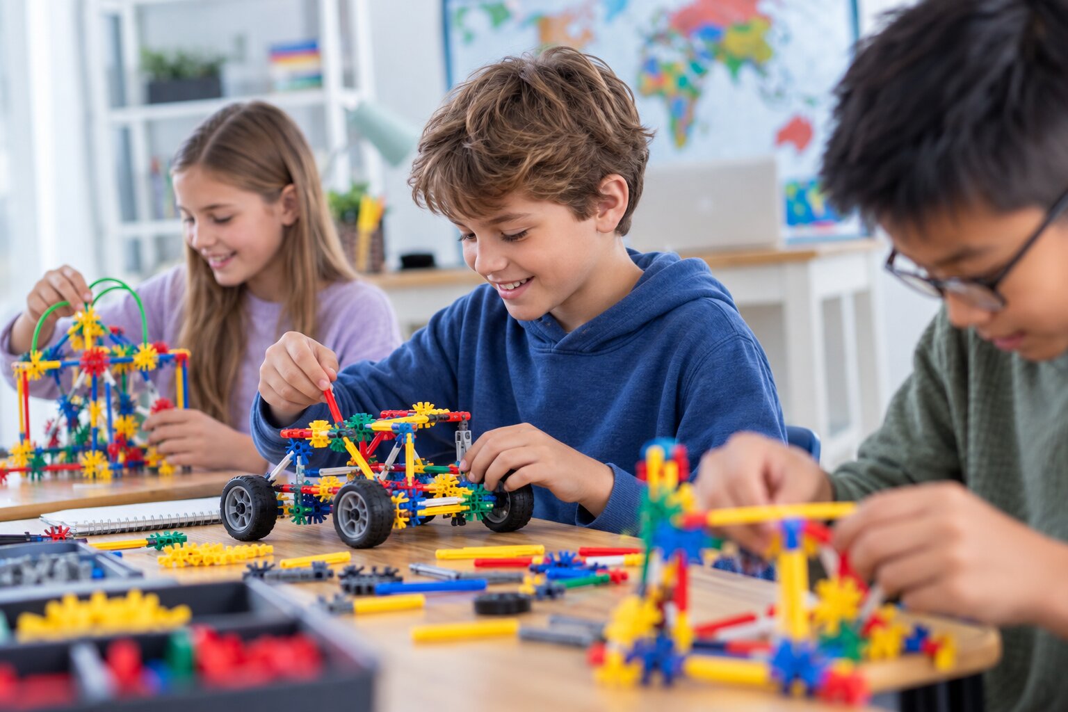 Alunos construindo um carro de robótica