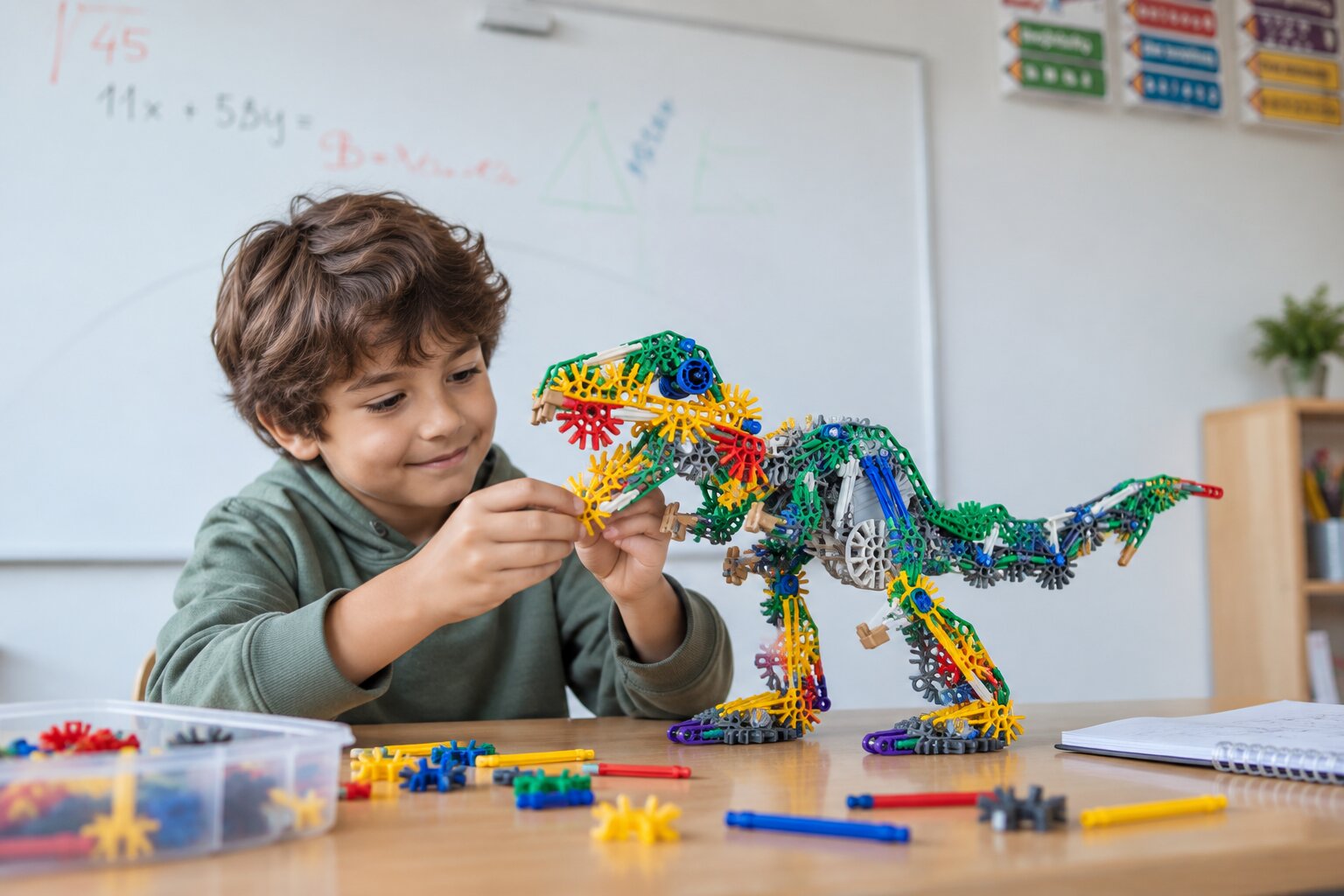 Aluno construindo um dinossauro robótico