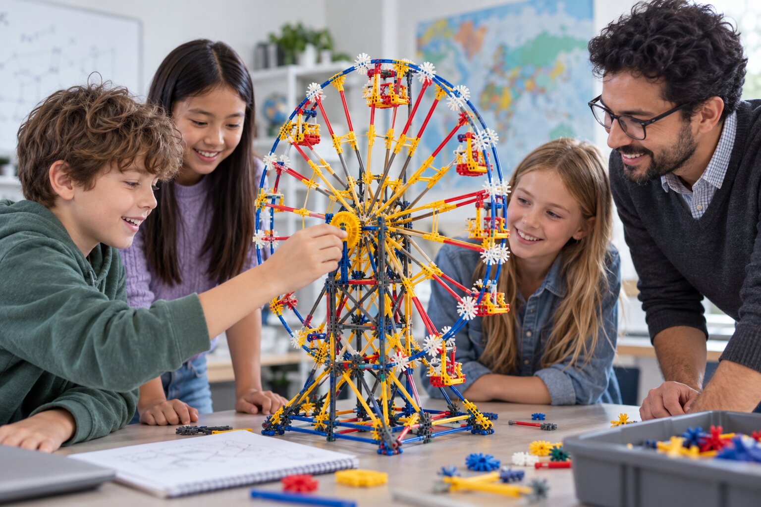Alunos e professor construindo uma roda-gigante