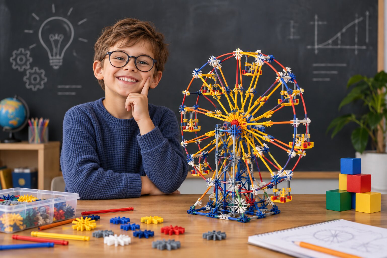 Aluno com roda-gigante de robótica